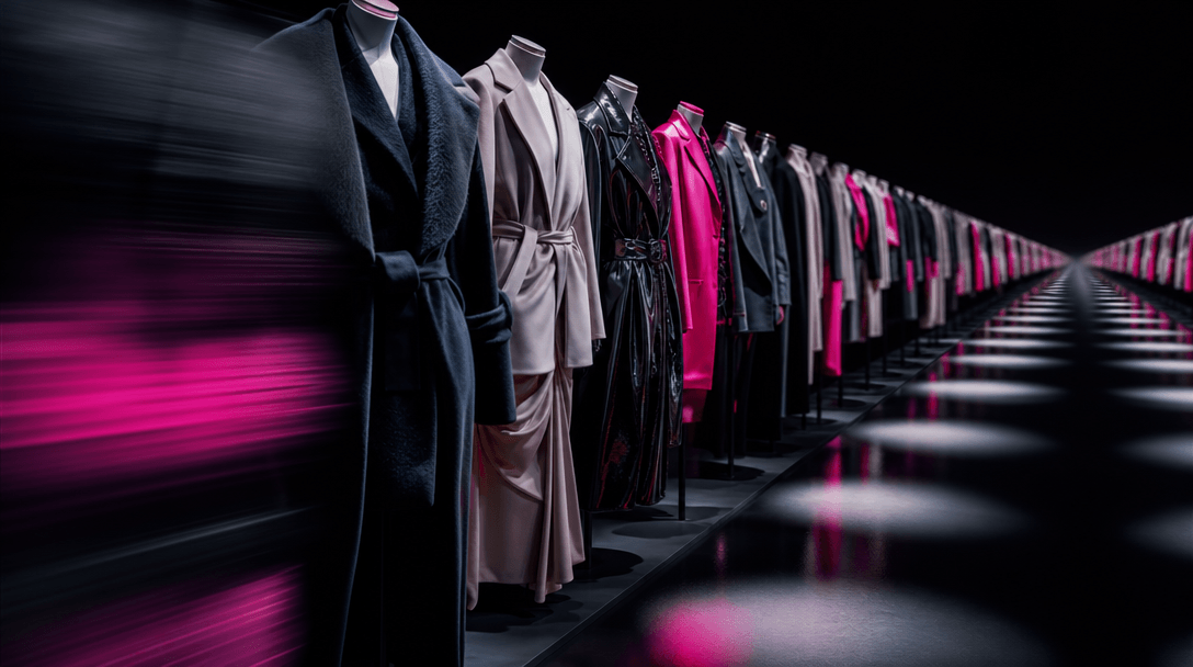 Rows of coordinated garments extending into a dark studio horizon while repeated pools of light suggest scalable campaig