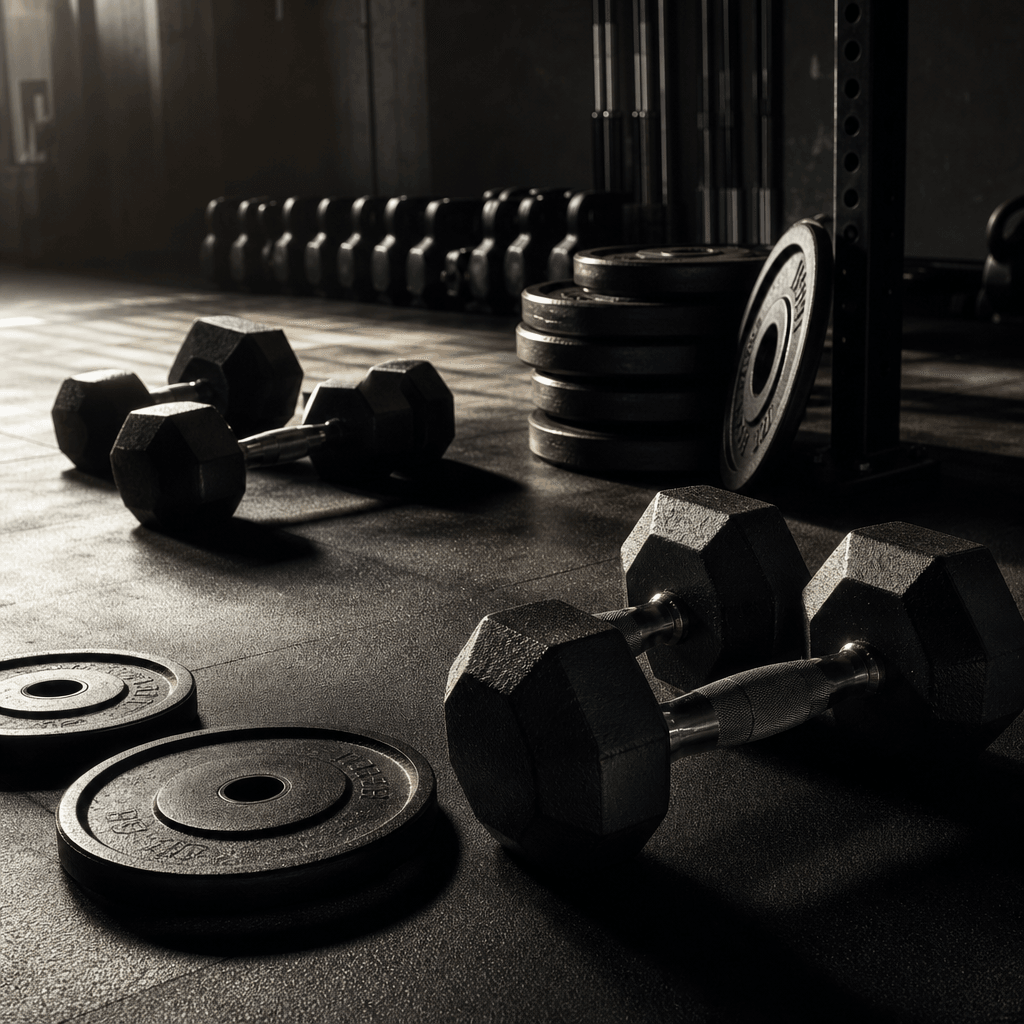 Fitness studio atmosphere: cast iron dumbbells and weight plates arranged on polished dark rubber flooring, dramatic low