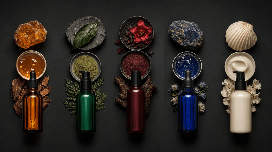 A row of five distinct product bottles — amber, emerald, burgundy, cobalt, and ivory — each with their own coordinated t