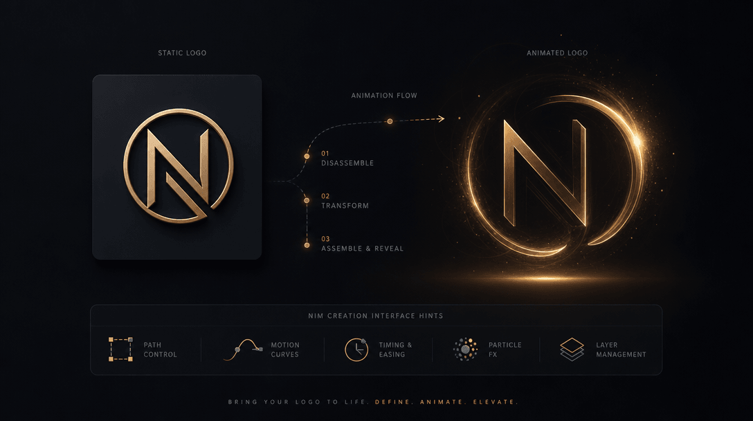 Static logo transforming into animated version, Nim creation interface hints with dark sophisticated UI elements, no act