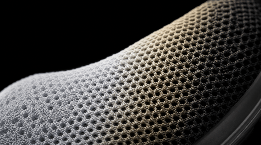 Abstract macro photograph of premium sneaker mesh fabric texture, extreme close-up showing hexagonal weave detail and a 