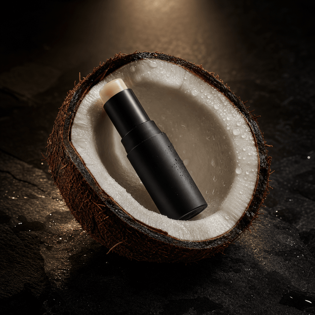 A matte black tube of lip balm rests diagonally inside a coconut half on dark wet stone. Close-up macro, coconut water d