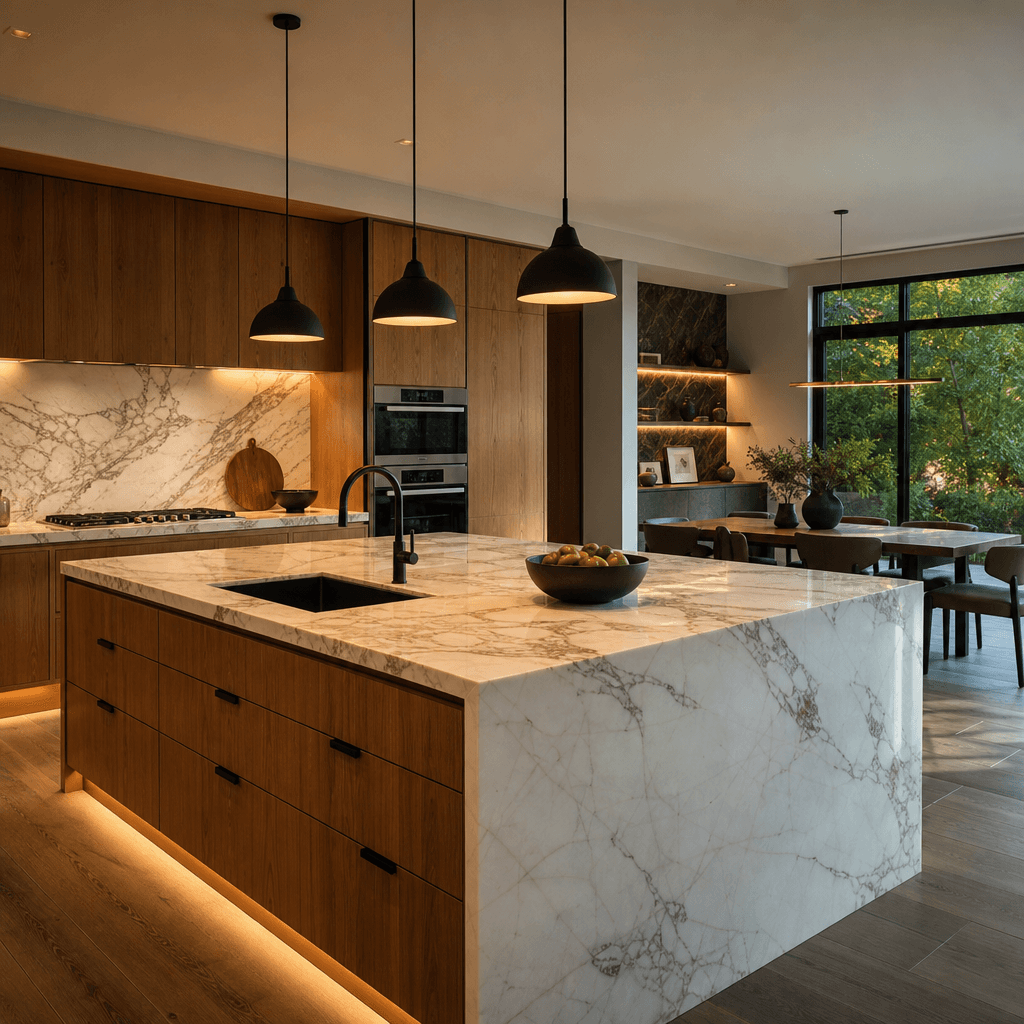 Open-plan kitchen and dining area — warm oak cabinetry with integrated handles, a large island under three matte pendant