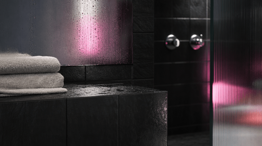 An abstract bathroom material landscape of black tile, fogged mirror, water droplets, brushed chrome, translucent glass,