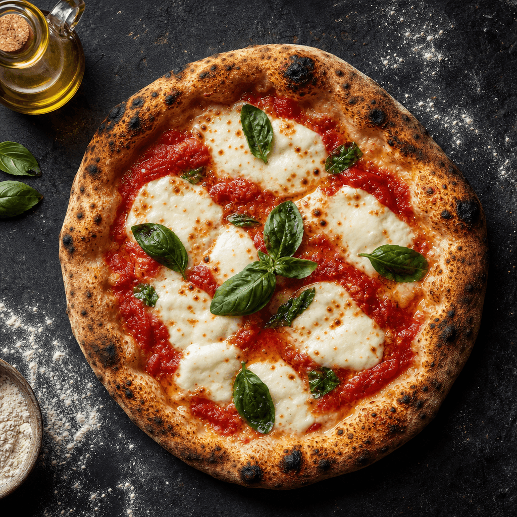 Square overhead flat-lay of an artisan wood-fired pizza — buffalo mozzarella, fresh basil, and San Marzano tomatoes on a