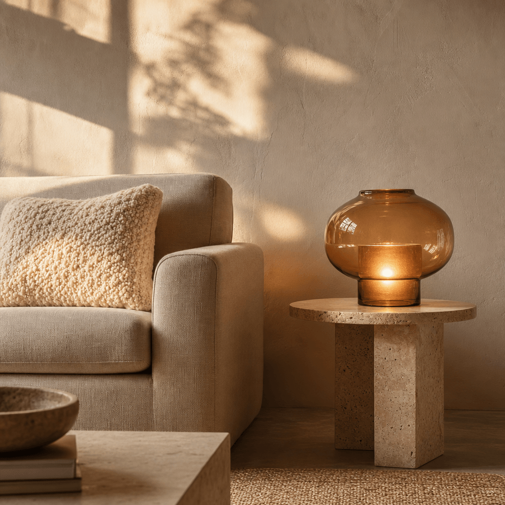 Minimalist living room vignette: a linen sofa with a chunky textured cream throw pillow, a small travertine side table h