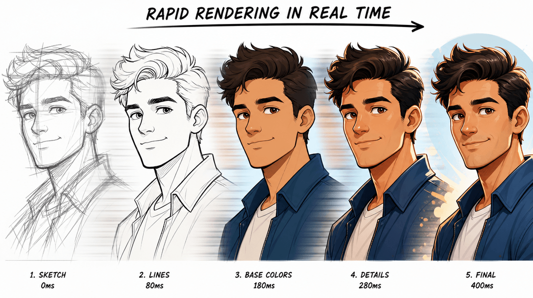 Speed concept visualization. Cartoon portrait rapidly rendering and refining in real time, details sharpening, colors so