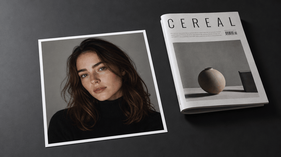 A high-quality portrait photograph lying on a dark matte surface beside a folded editorial magazine, studio overhead lig