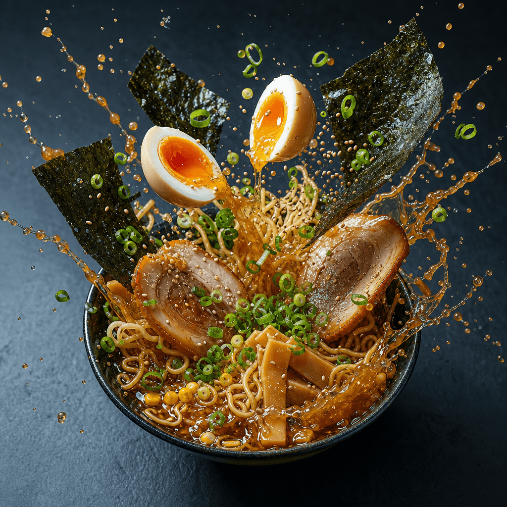 Overhead editorial food shot: a vibrant ramen bowl with ingredients mid-explosion — soft-boiled egg halved and rising, n