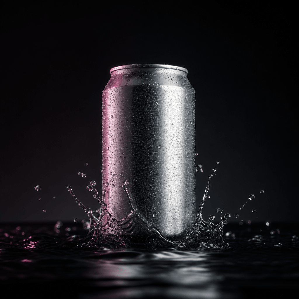 A minimalist beverage can emerging from shallow black water with gentle ripples, fine condensation, and a restrained spl