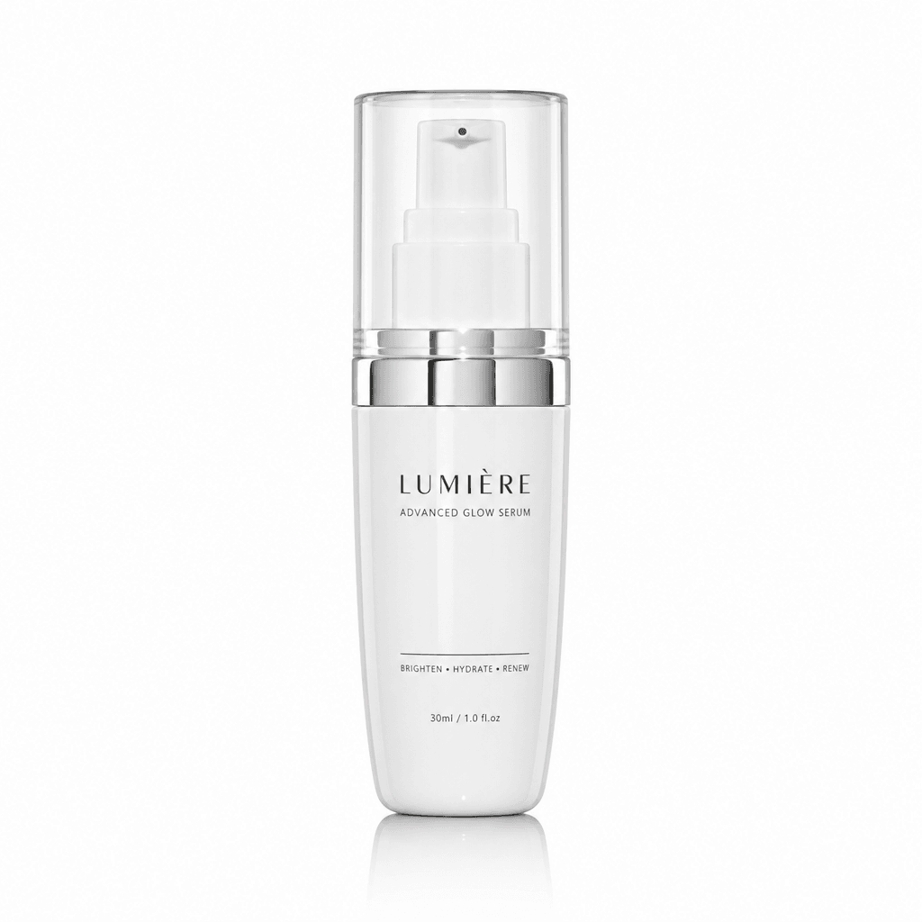 Product photography studio setup: glossy white cosmetic bottle centered on pristine white background, perfect three-poin