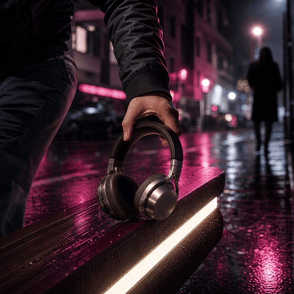 A compact pair of premium headphones being lifted from an illuminated street bench by an anonymous passerby, captured as