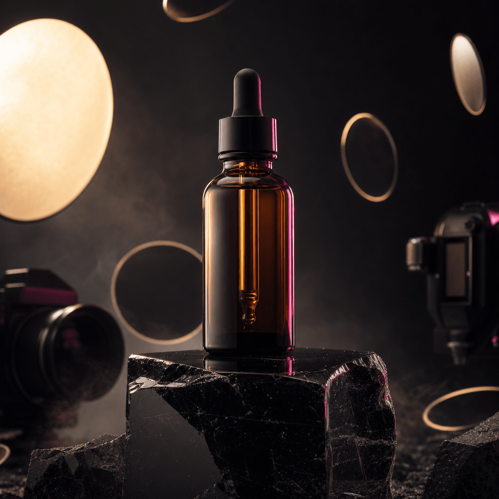 An amber wellness dropper bottle resting on a polished obsidian plinth, surrounded by floating circular flash reflection