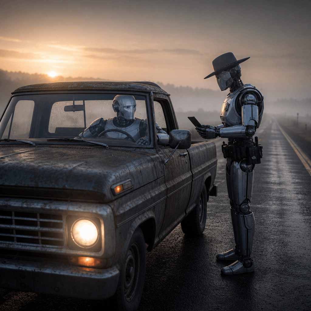A polished humanoid robot driving a weathered pickup truck on an empty rural highway at dawn, paused in a clearly fictio