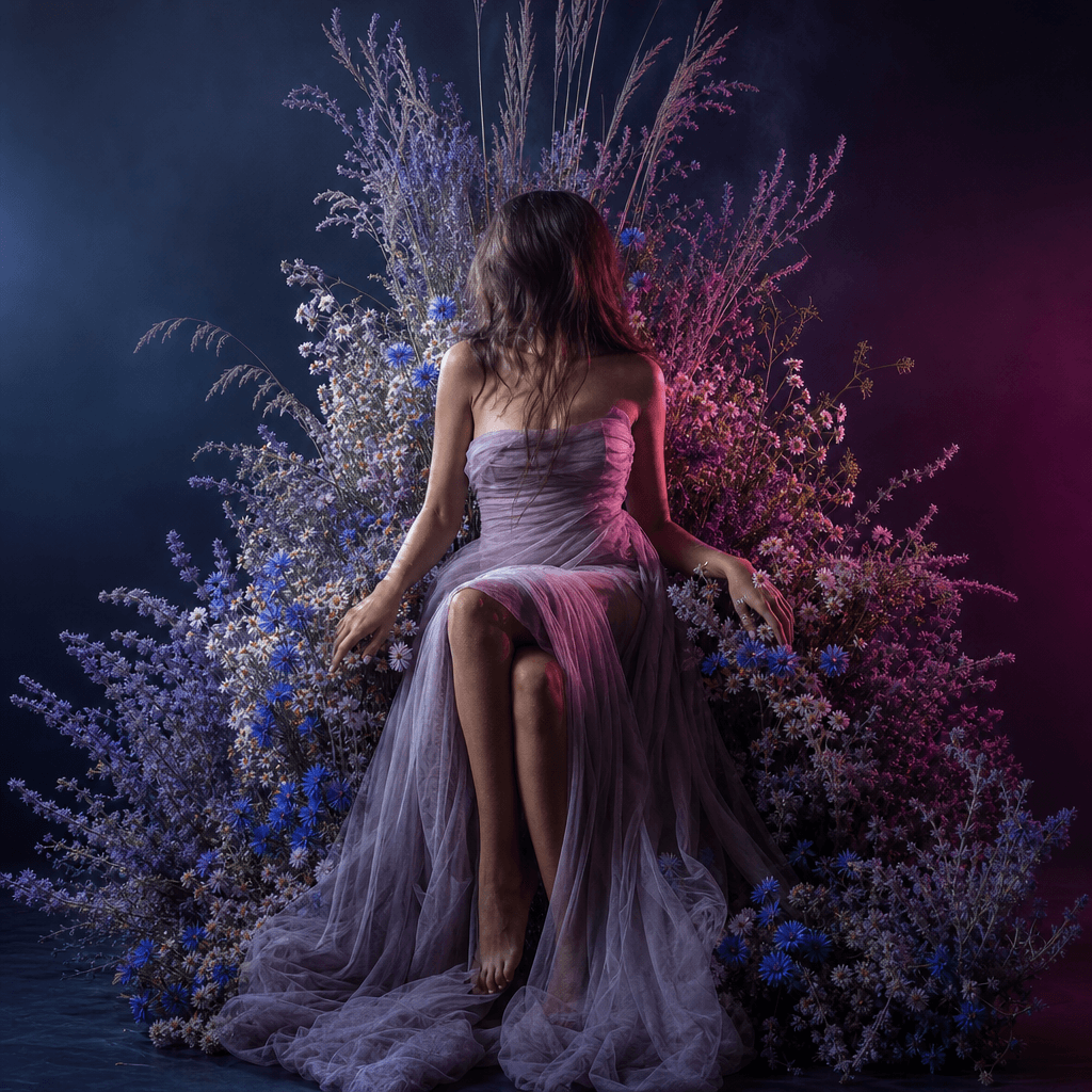 An ethereal anonymous portrait on a wildflower throne made from lavender, chamomile, cornflowers, and tall grasses, set 