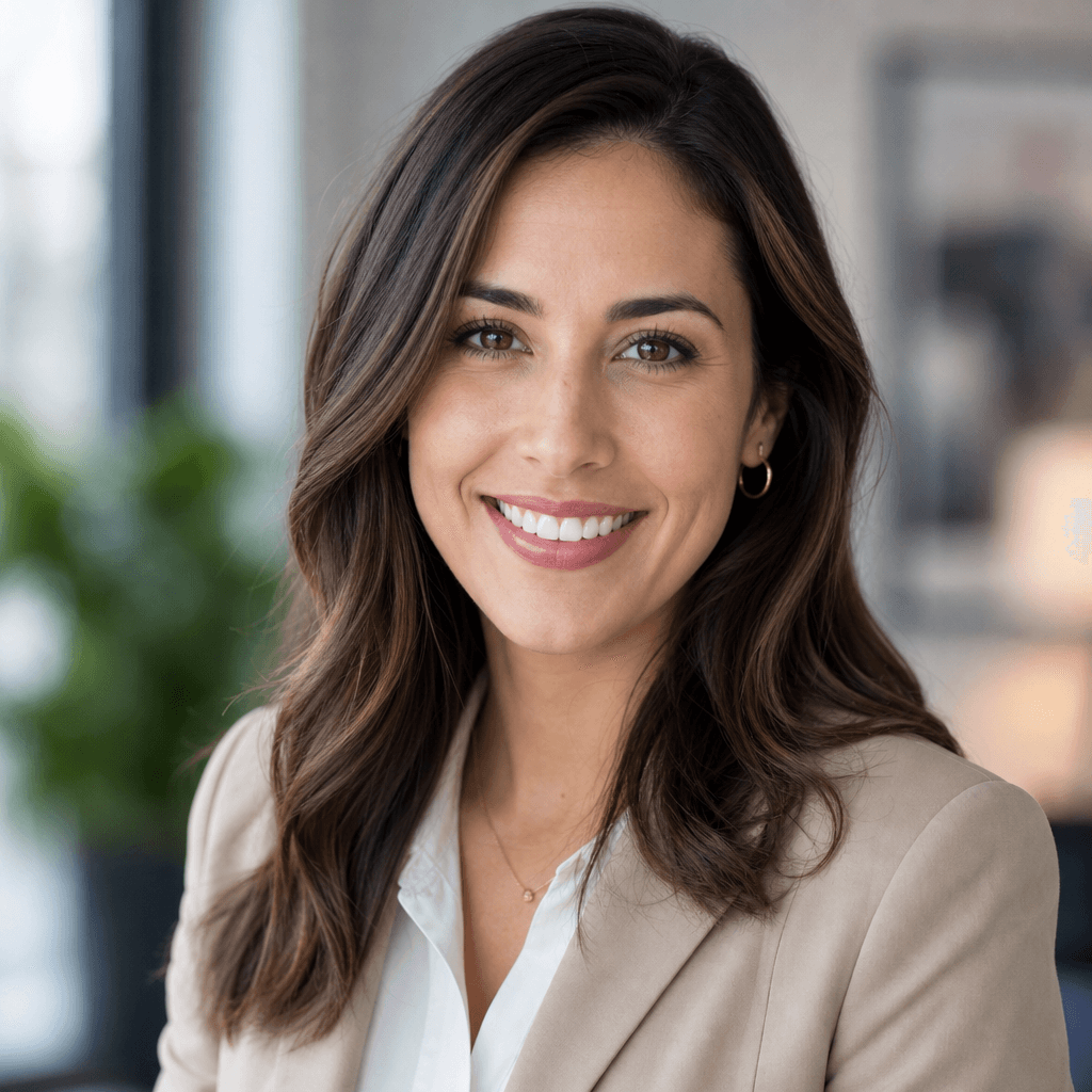 A close-up business portrait of a woman with a friendly smile, dressed in business casual attire. The background is soft