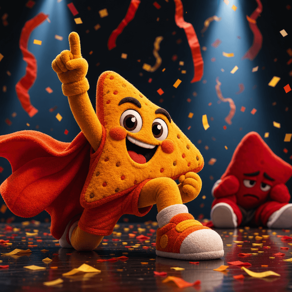 A cheerful plush mascot inspired by a bright snack package lands a dramatic final dance pose as confetti and soft fabric