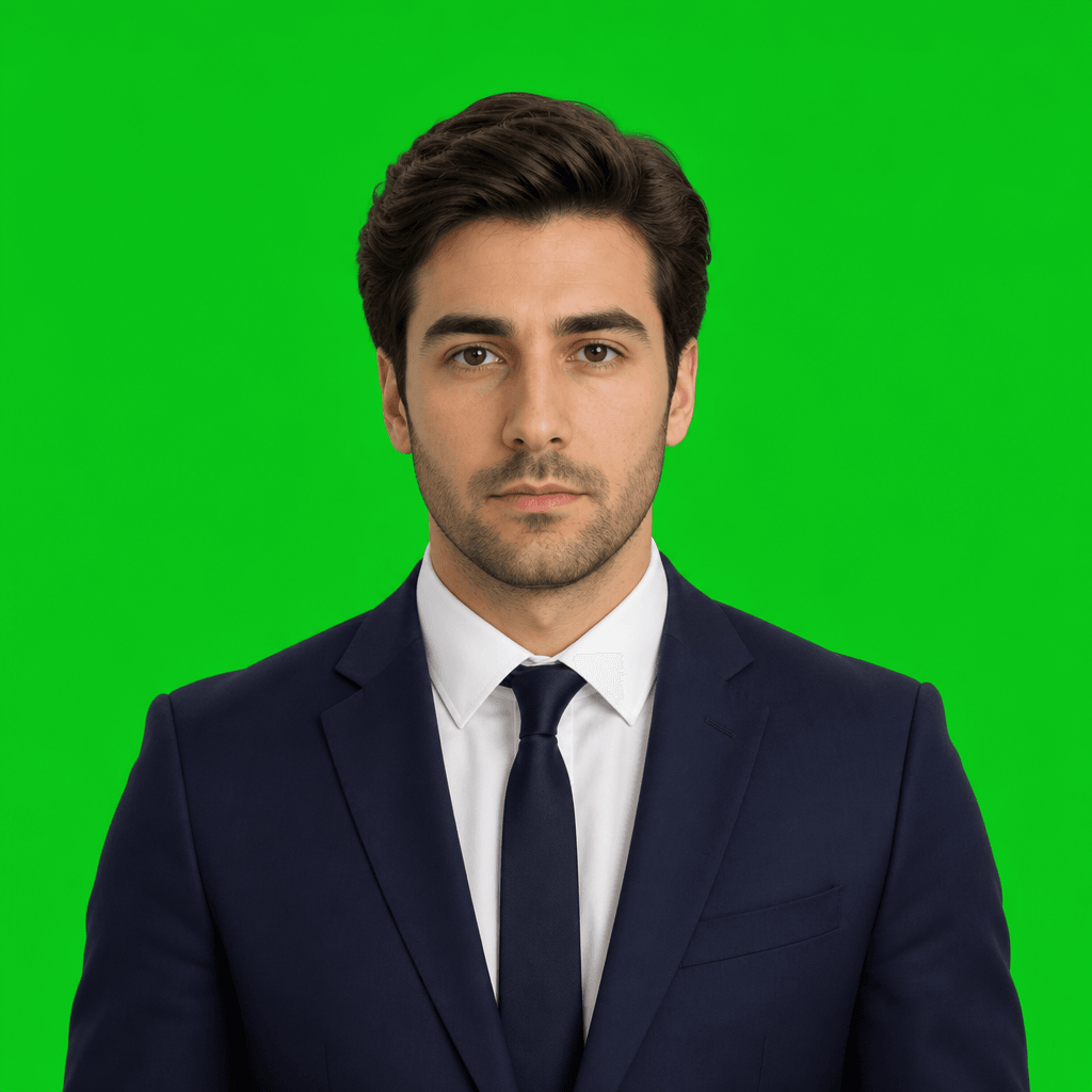 AI avatar against pure green-screen background, neutral studio setting, professional attire, serious expression, chroma 