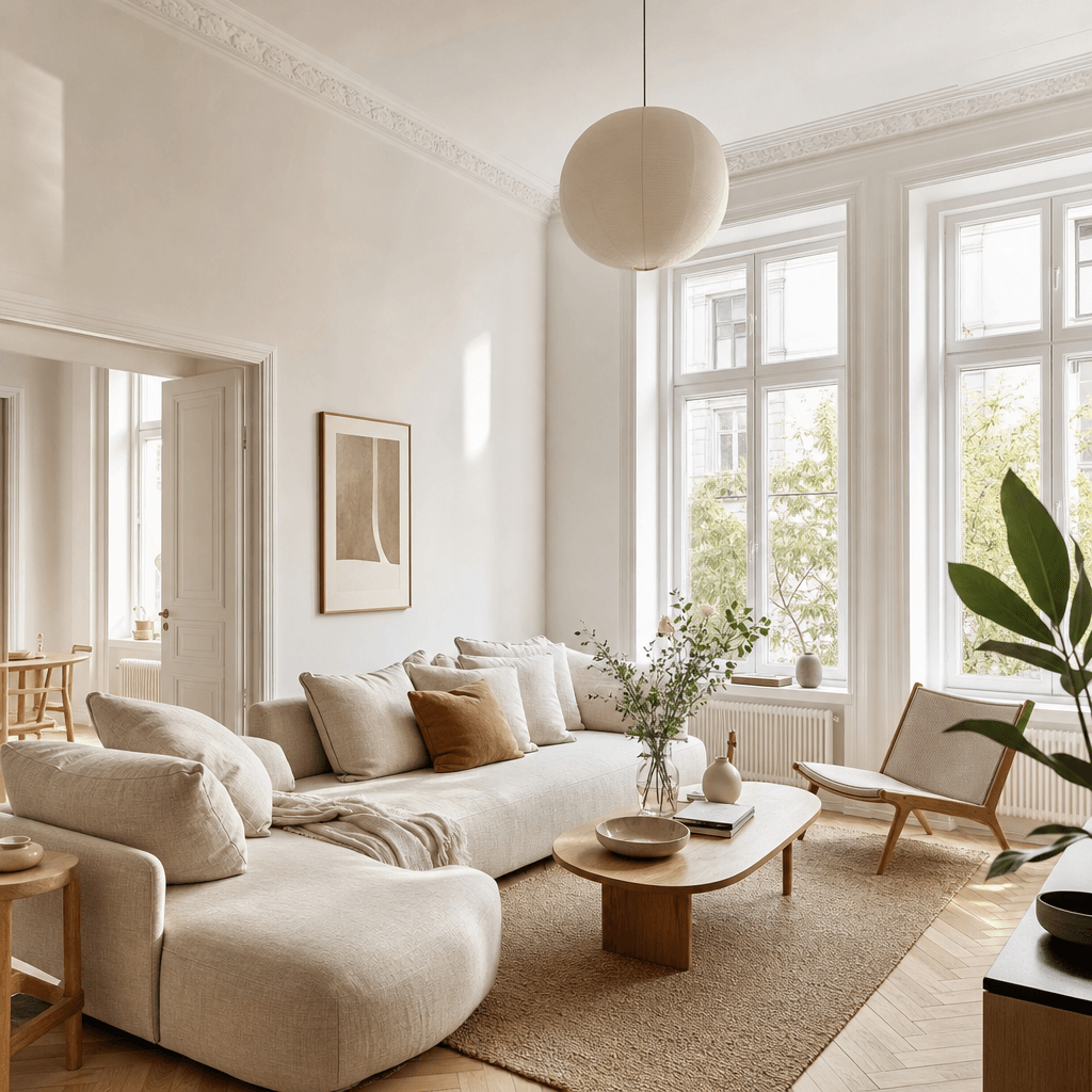 Minimalist Scandinavian apartment living room, natural light streaming through tall windows, white walls, pale oak floor