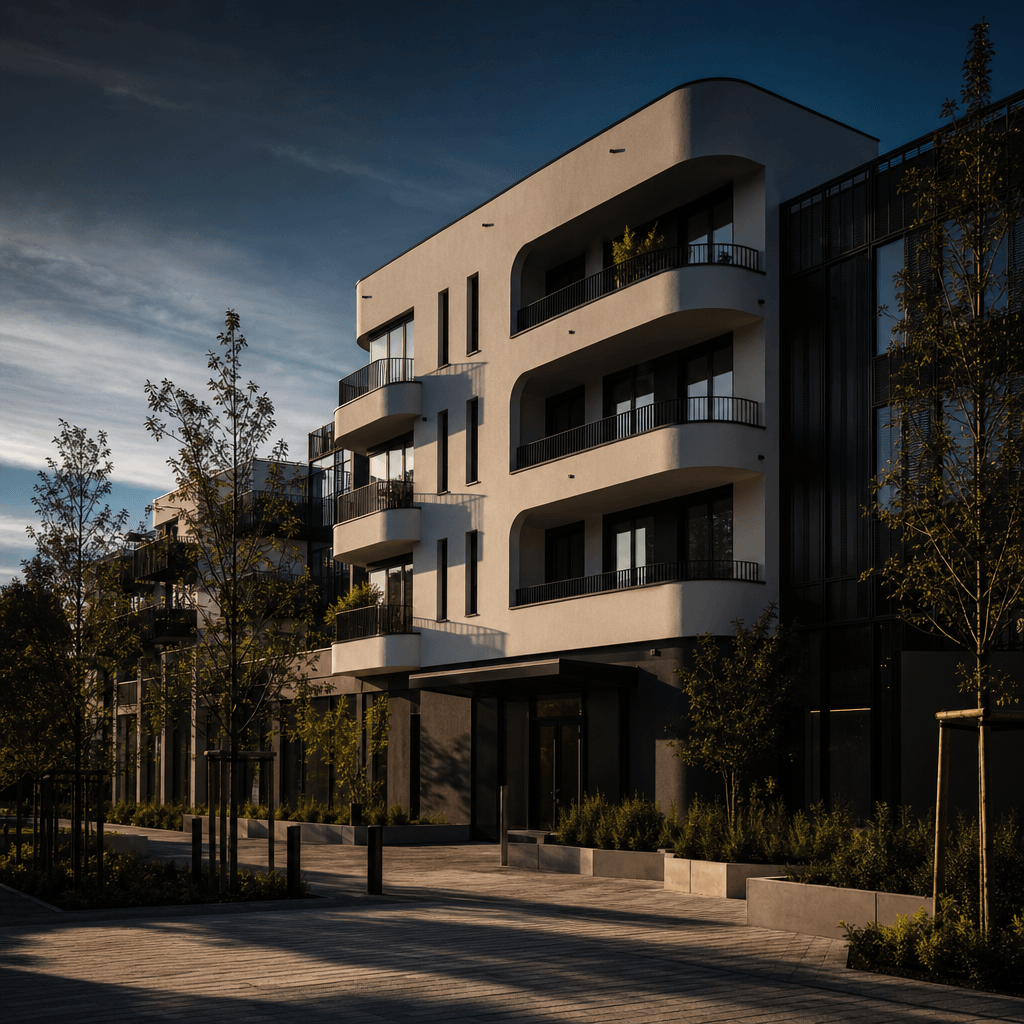 Square format wide shot of a completed contemporary apartment building, clean white rendered facade, freshly planted lan