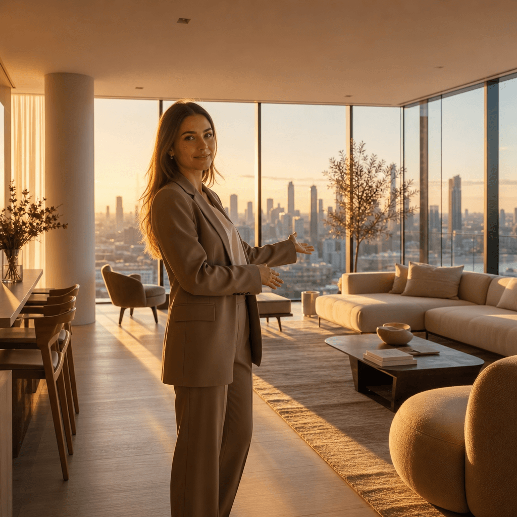 Luxury open-plan living room bathed in golden hour light, a model in tailored contemporary clothing gracefully gesturing