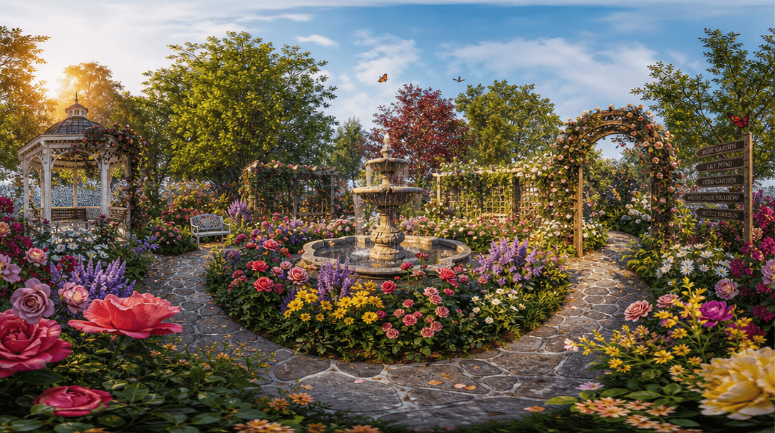360-degree rotating view through lush flowering garden environment, blooms circling around central focal point, multiple
