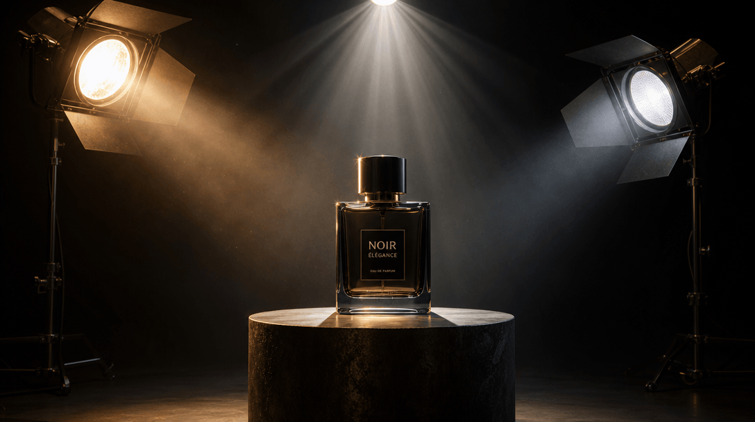 Cinematic visualization of professional studio lighting: product centered with dramatic three-point lighting setup—brigh