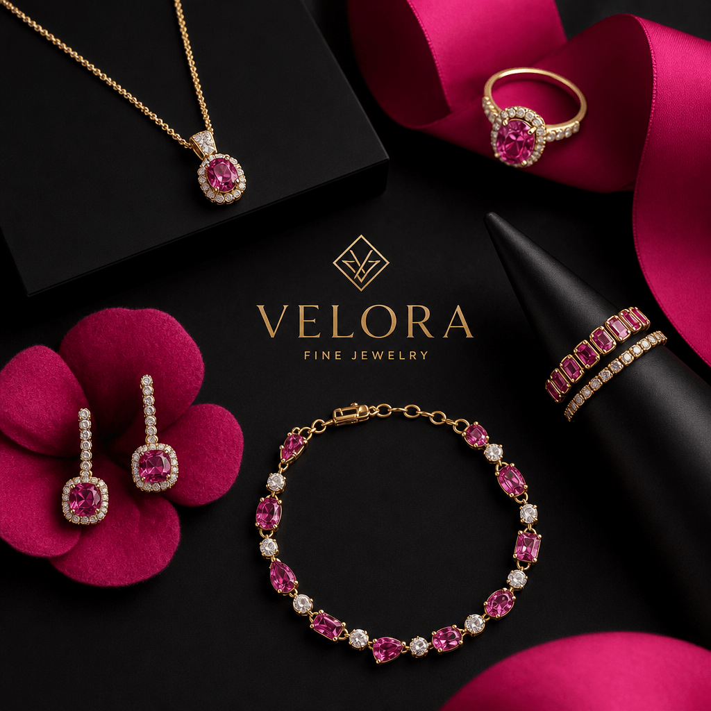 Multiple jewelry pieces arranged artistically, hot pink accents, dark background, premium product photography, luxury br
