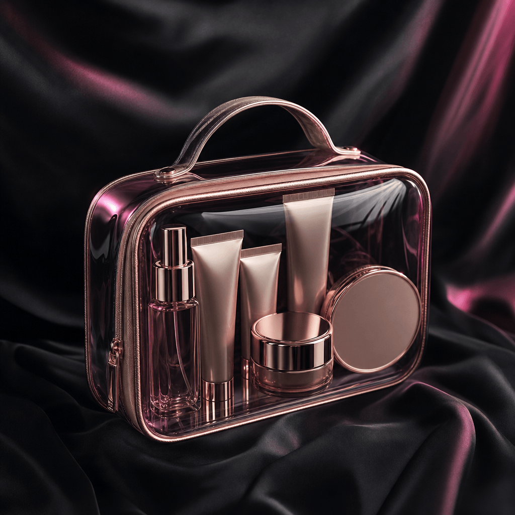 A transparent handbag holding a coordinated travel beauty kit with small tubes, jars, a compact, and a perfume atomizer.