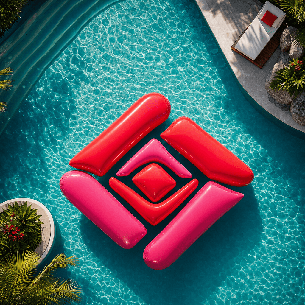 A bold geometric brand emblem recreated as inflated cherry-red and hot-pink balloons drifting in a modern swimming pool.