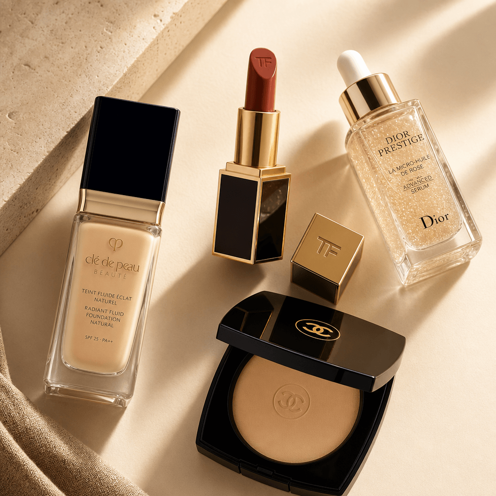 Beauty product mosaic — glass foundation bottle, luxury lipstick, serum dropper, and compact powder case appearing in dy