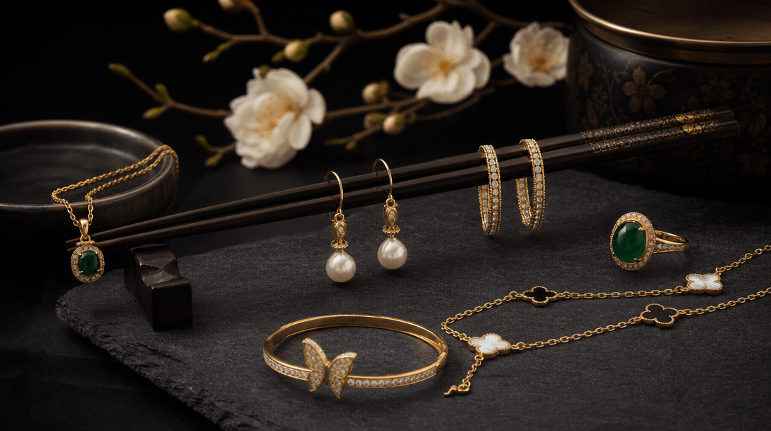 Multiple jewelry pieces with chopsticks in artistic arrangement, sophisticated composition, professional color grading, 