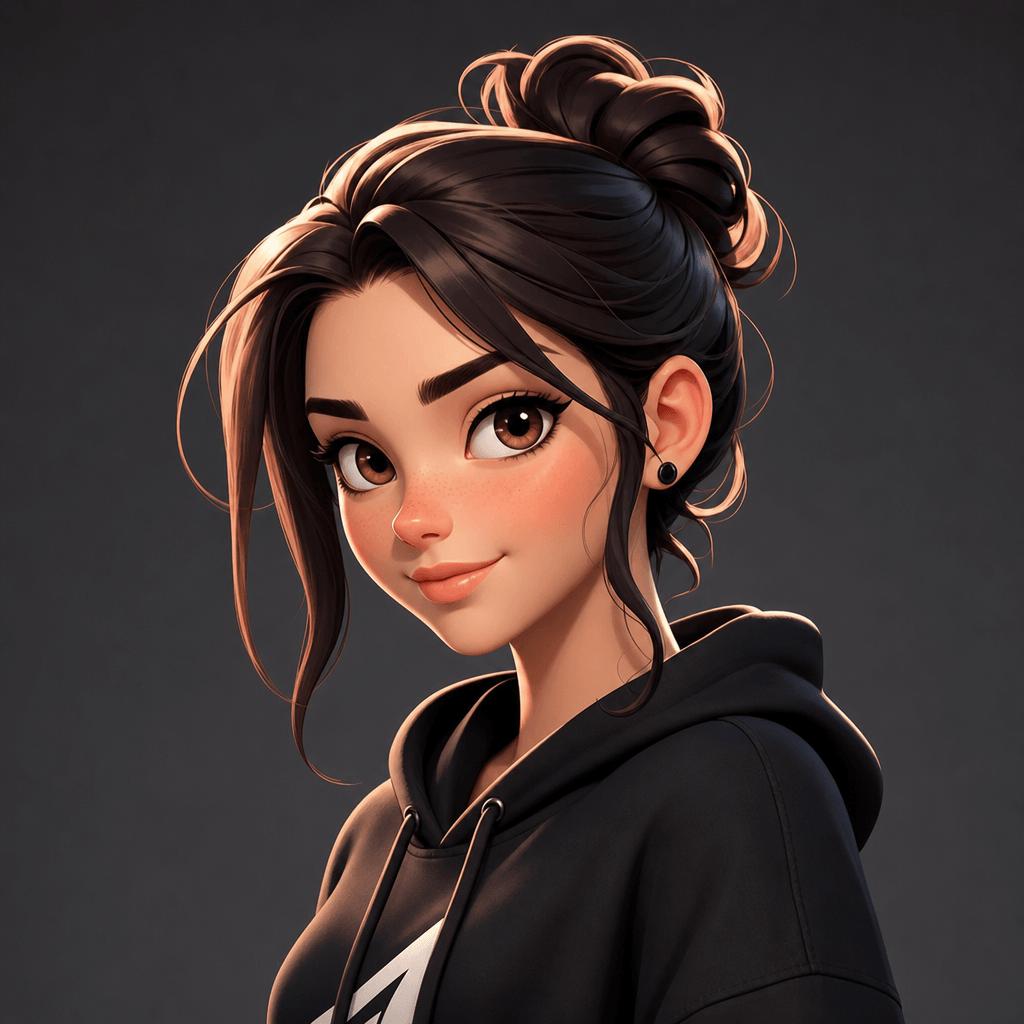 3D cartoon portrait of person. Stylized character art with clean outlines, bold color palette, dimensional shadows, anim