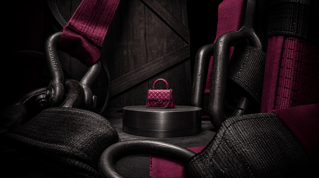 A small polished product pedestal surrounded by enormous delivery straps, steel hooks, and monumental shipping materials