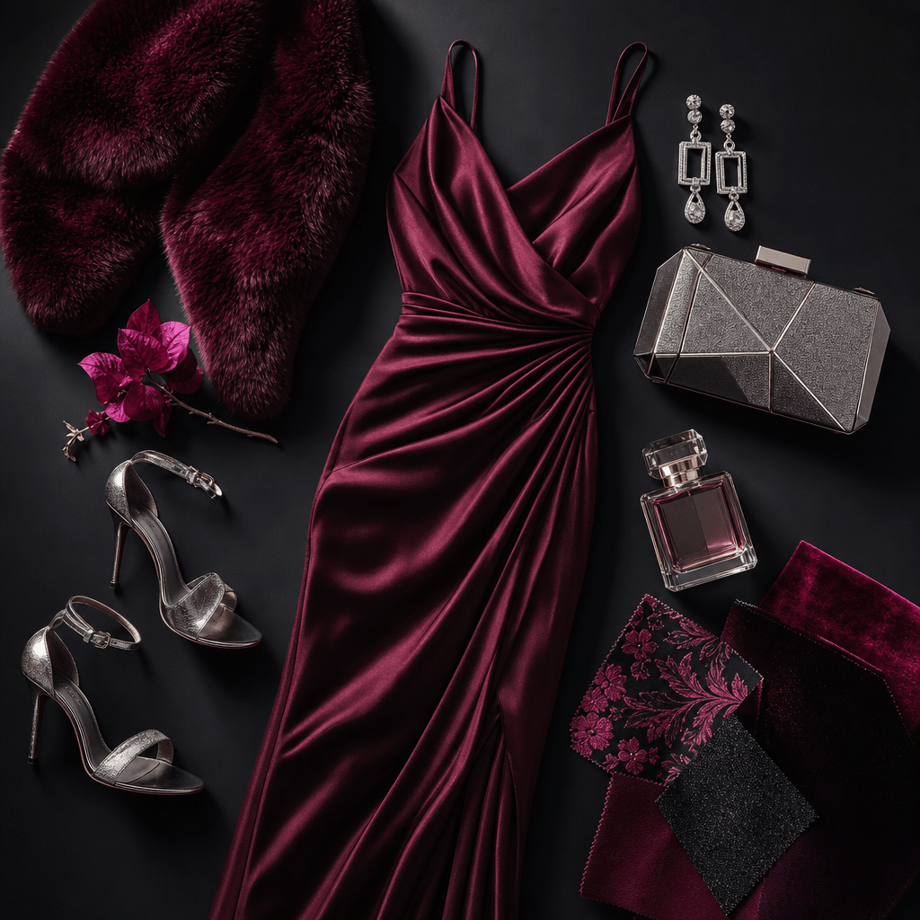 Luxury evening fashion collage with a satin burgundy dress, silver heels, geometric clutch, earrings, perfume bottle, an