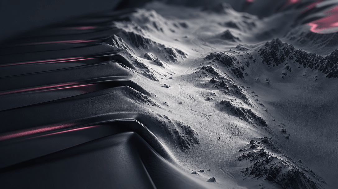 An abstract macro landscape where the ridges of a premium product surface gradually become snow-covered mountain terrain