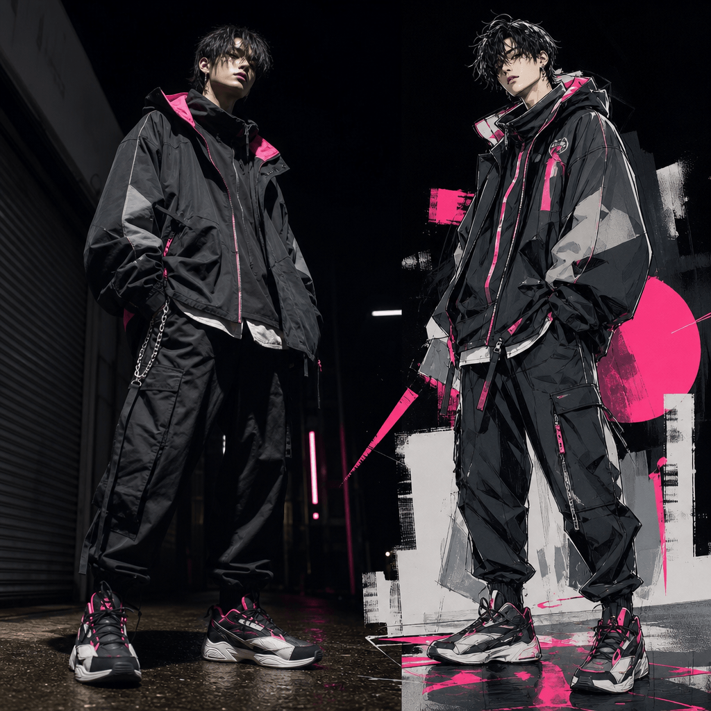A vibrant streetwear outfit presented beside its illustrated twin, with oversized jacket, layered textures, bold sneaker