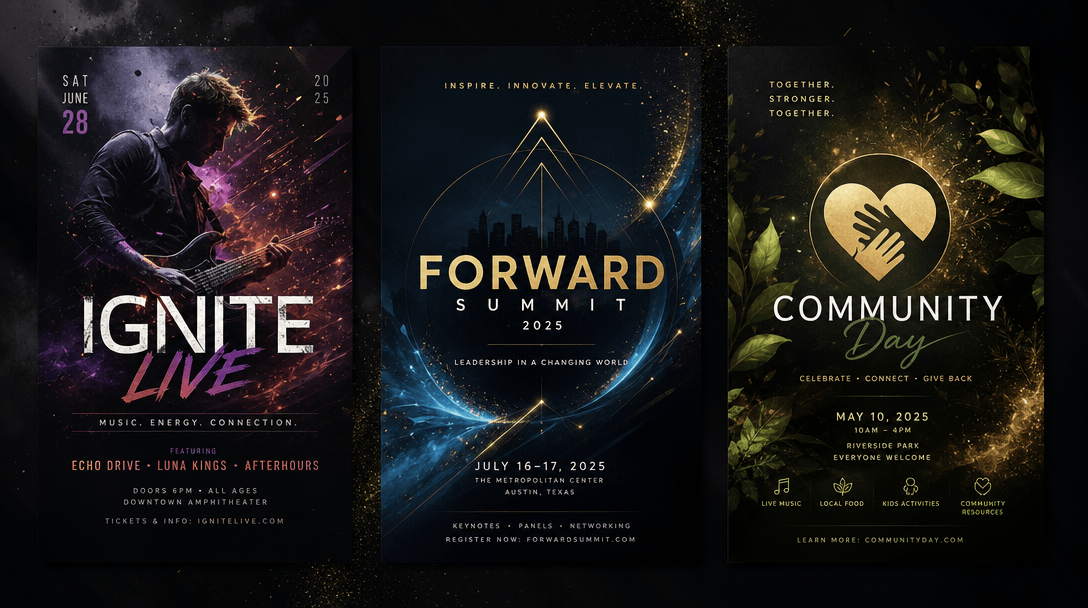 Creative design elements—colors, graphics, backgrounds, decorative elements—appearing and assembling around core event i