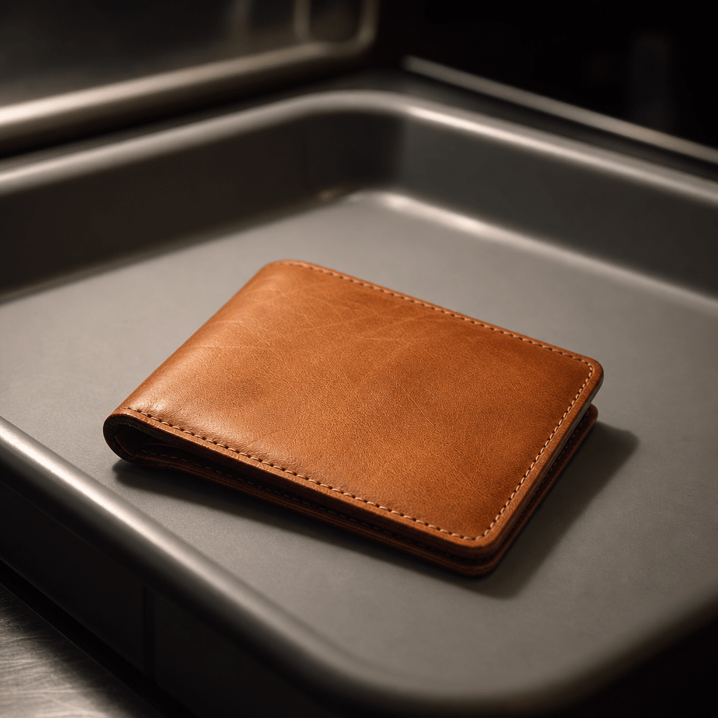 Cinematic still of a slim tan vegetable-tanned leather wallet laid flat on an airport security gray plastic tray. Angled
