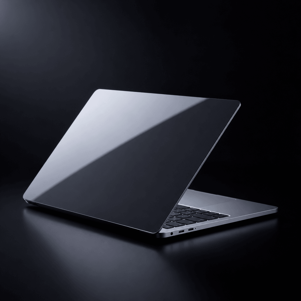 A slim laptop partially open, angled at 30 degrees, illuminated by a gradient wash of cool-white studio light from the u