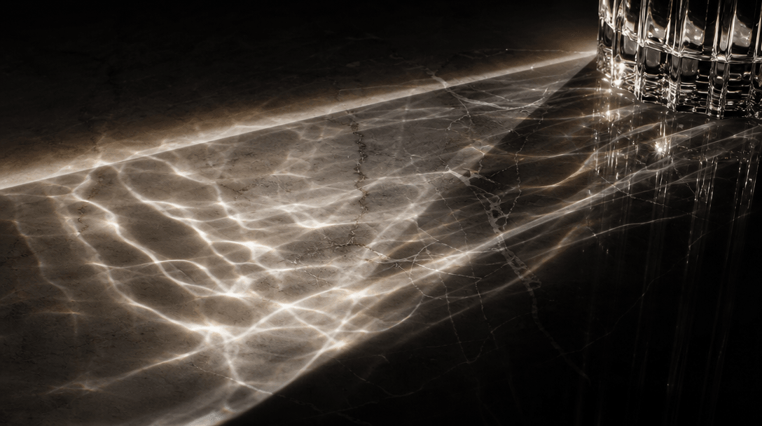 Abstract overhead perspective of light rippling across a polished reflective surface. Cinematic product lighting, dark m