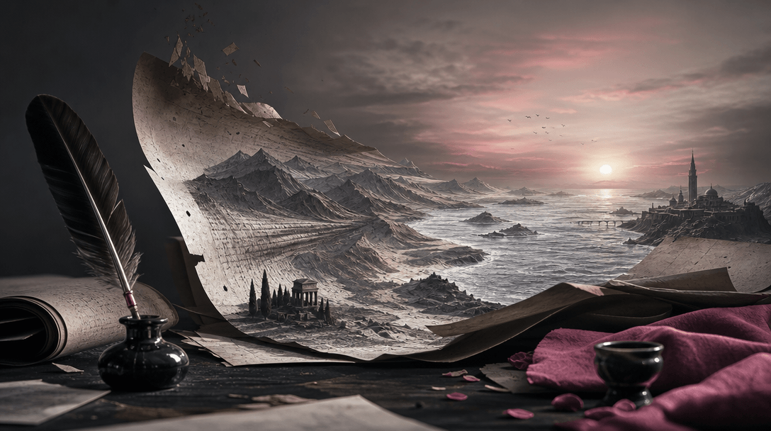 A symbolic narrative still life where scattered manuscript pages transform into a winding landscape of mountains, ocean,