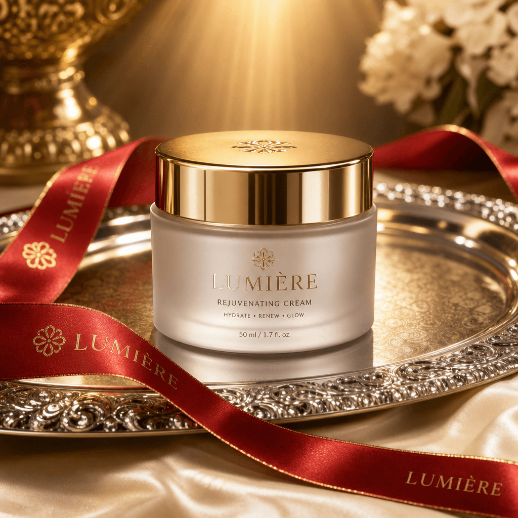 Skincare jar on elegant silver platter with red silk ribbon accent, warm golden lighting from above, luxury spa aestheti