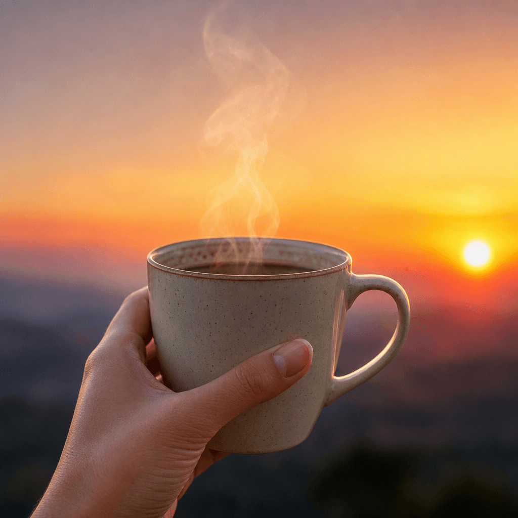 Hand confidently holding coffee cup against warm sunset sky gradient, steam rising subtly, professional food photography