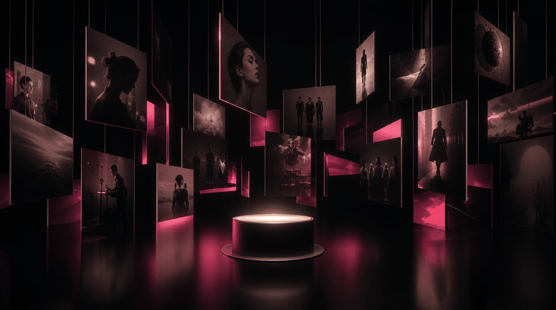 An abstract network of suspended film frames represented as sharp-edged physical panels surrounding a central illuminate