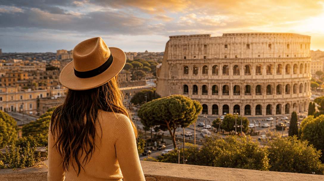 Cinematic travel photography: person in foreground with iconic destination landmark perfectly sharp in background. Golde