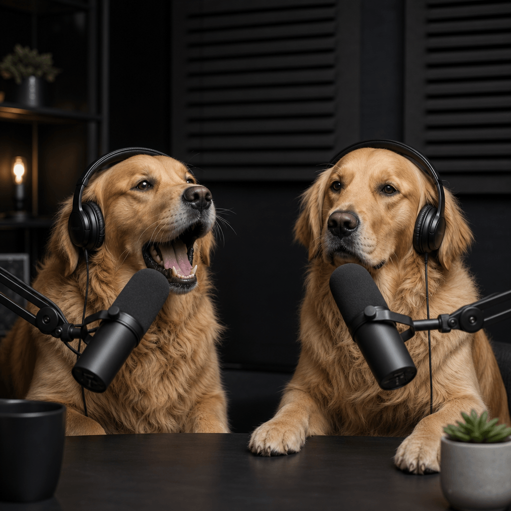 Two golden retrievers wearing understated studio headphones at a minimalist podcast table, one mid-reaction and the othe