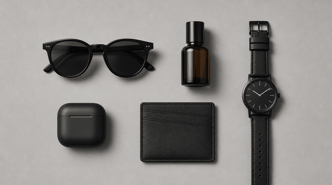 Abstract flat-lay editorial arrangement of five small accessory product silhouettes — a pair of sunglasses, a small bott