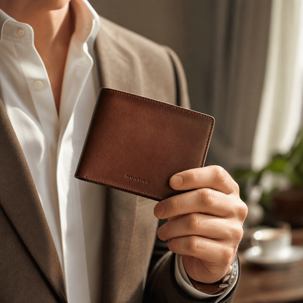 Lifestyle product photography: luxury leather wallet held elegantly, warm natural window light, soft blurred interior ba