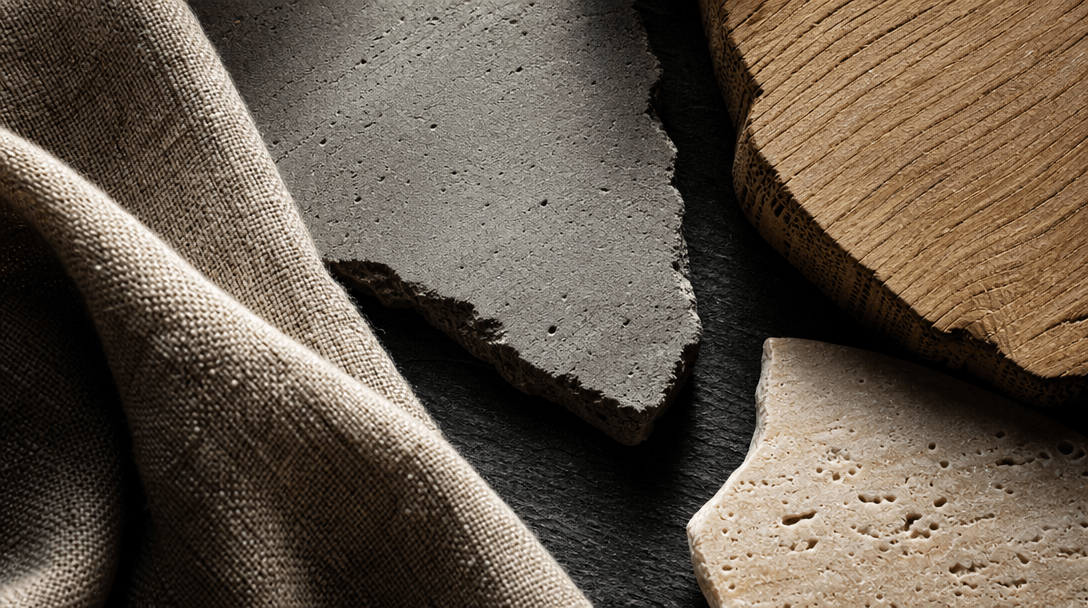 Extreme close-up editorial still life of interior material textures arranged on a dark slate surface — raw linen weave, 